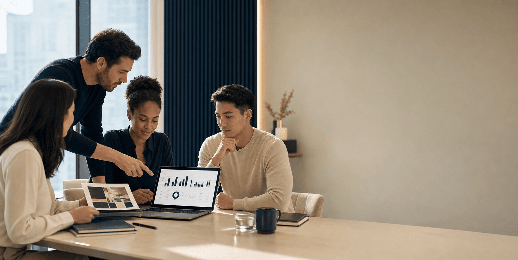 A team of finance and marketing experts reviewing a financial dashboard and brand layout together