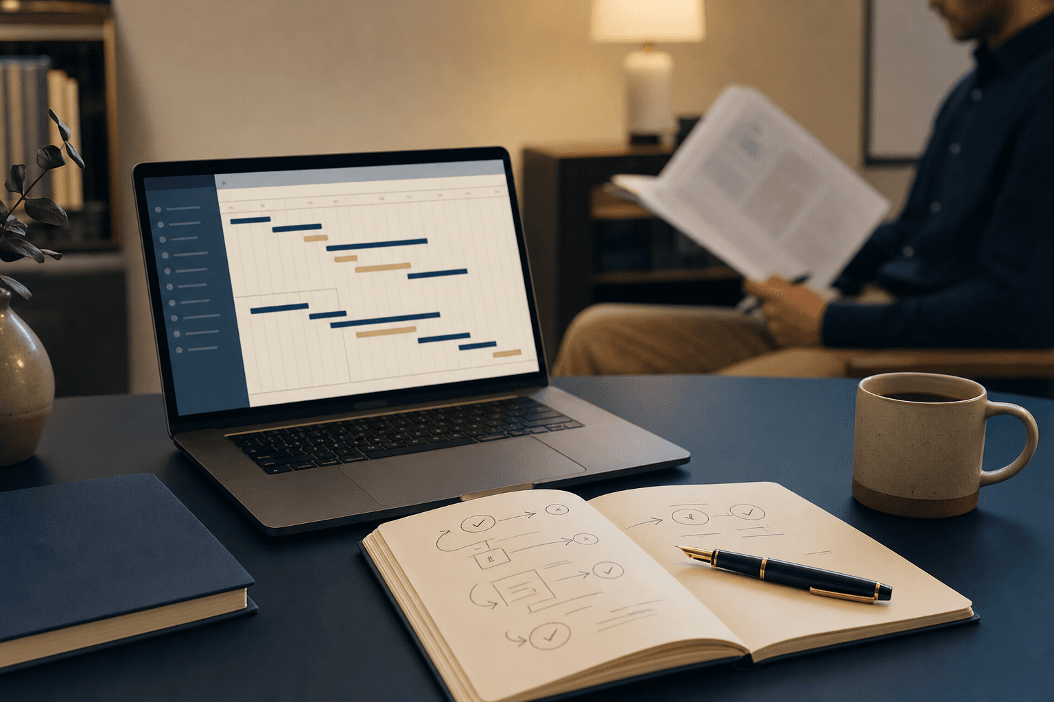 A clean desk with a project timeline on a laptop and a notebook of process flow sketches